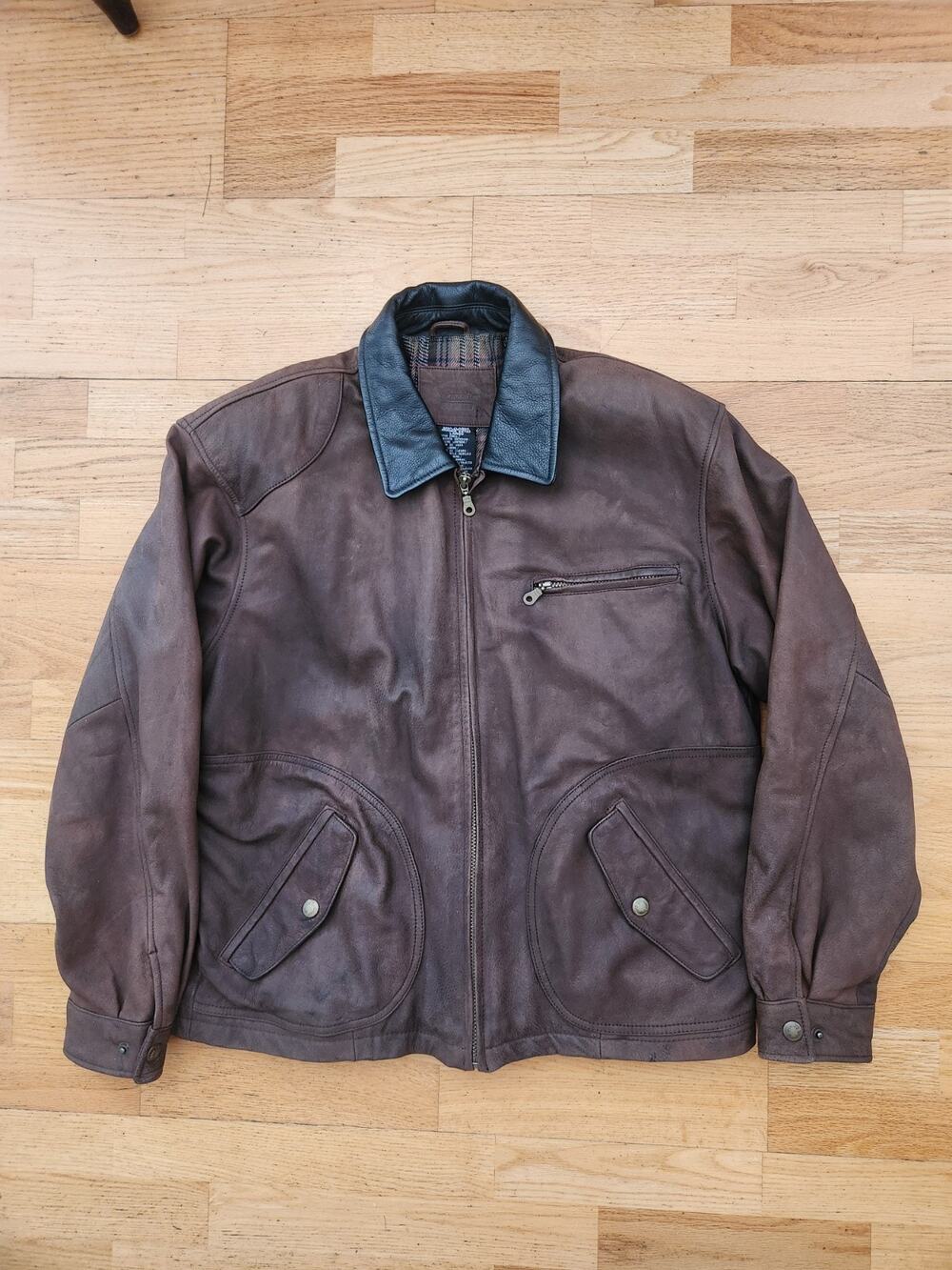 Vtg St Johns Bay Bomber Jacket XLT Tall Mens Leather Brown Flannel Lined Biker